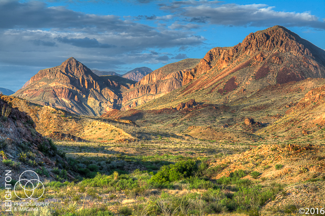 The southernmost mountain range in the United States is the Chisos Mountains and are found in West Texas, completely surrounded by the Chihuahuan Desert. This ancient volcanic mountain range is found completely with the borders of Big Bend National Park along the US-Mexico border. This incredible view was photographed on a late spring afternoon as the sun began to set in the "golden hour".